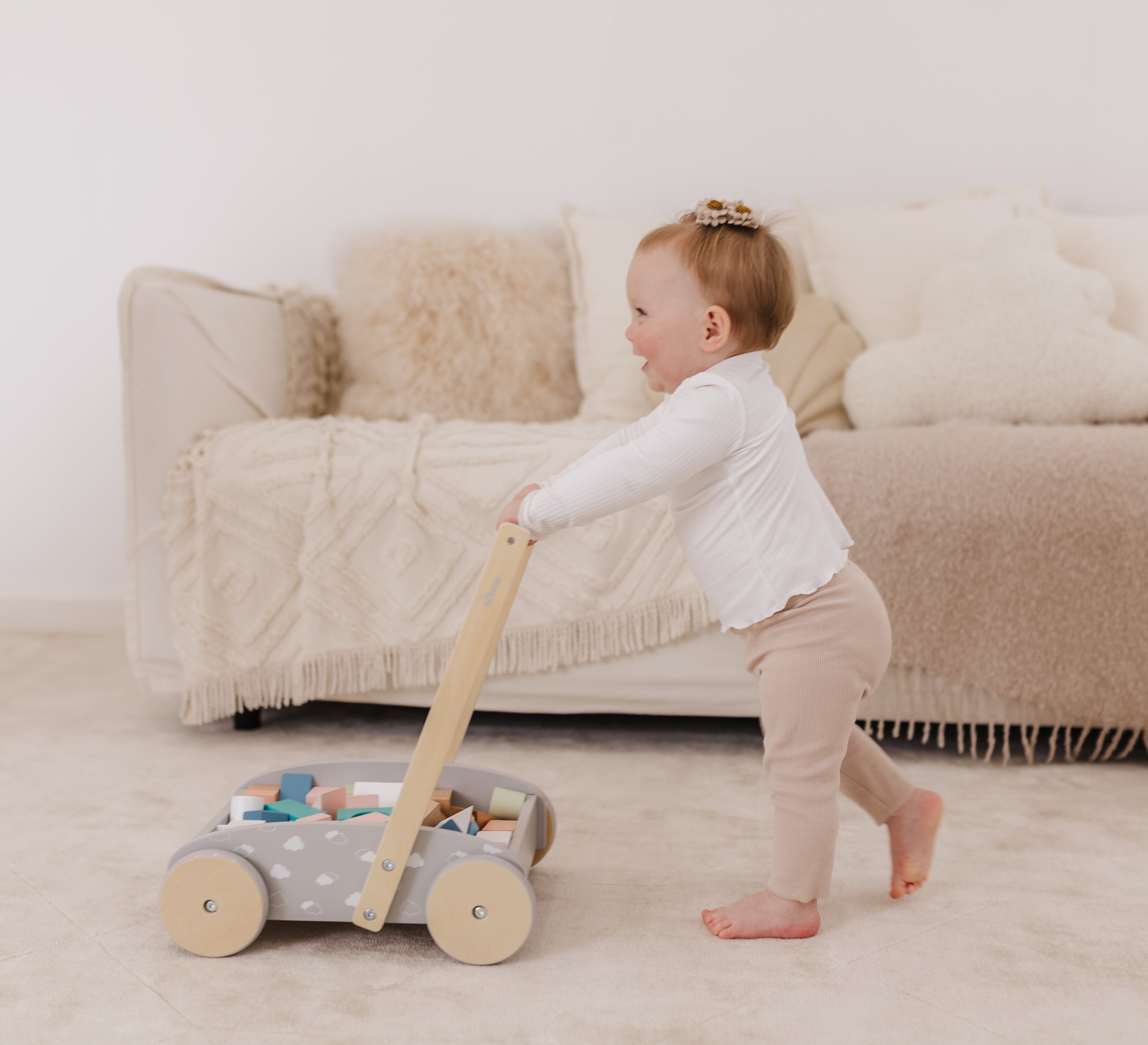 Bubble Wooden Baby Push Cart & Walker with 45 Building Blocks