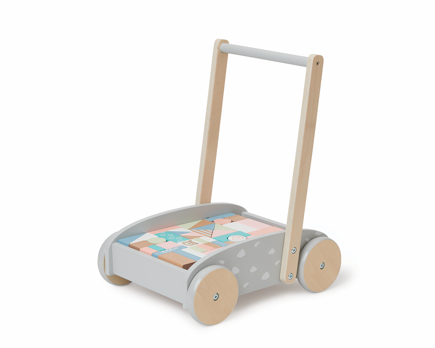 Bubble Wooden Baby Push Cart & Walker with 45 Building Blocks